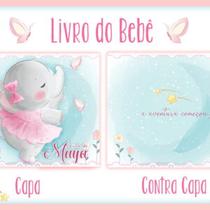Arte digital de capa e contracapa de livro do bebê com elefante e estrelas.