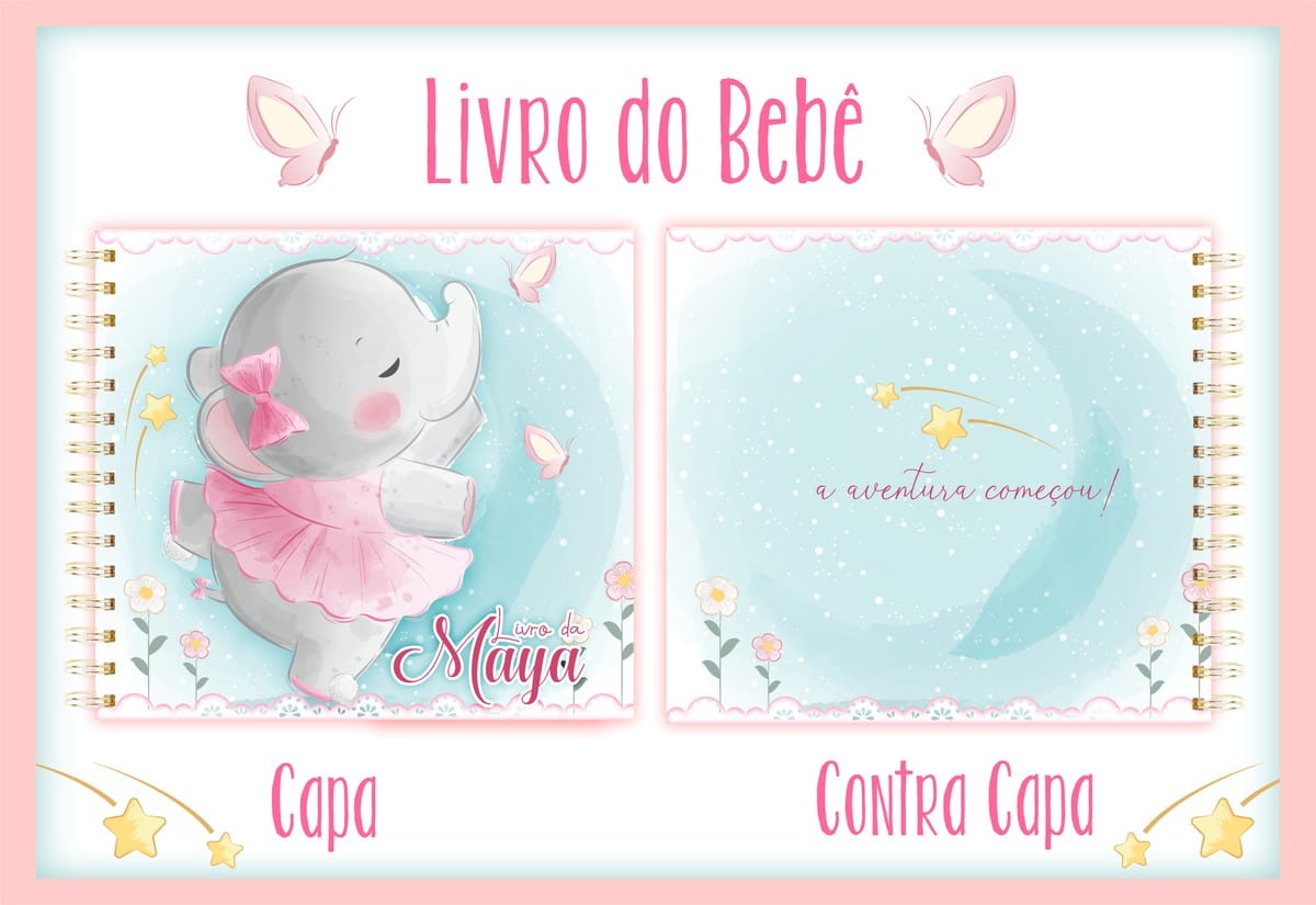 Kit Digital Livro do Bebê Elefante Baloeira para Editar 1 Arte digital de capa e contracapa de livro do bebê com elefante e estrelas.
