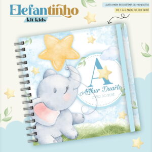 Arte digital de capa de livro de bebê azul com elefante e estrelas, "LIVRO DO BEBÊ".