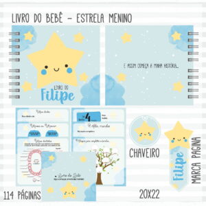 Kit Digital Livro do Bebê Menino Estrela Aquarela 13 livro do bebe estrela menino arquivo digital