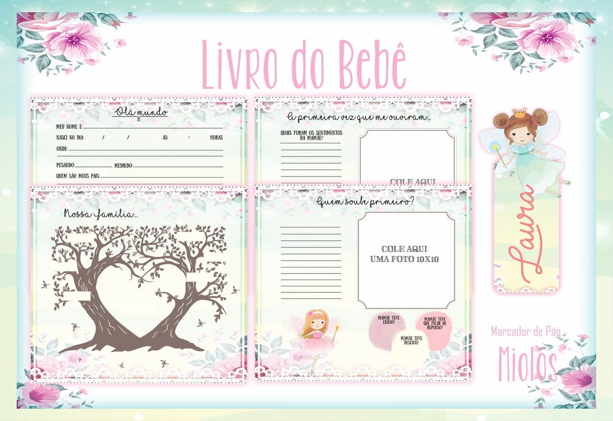 Livro do Bebê Fadas arquivo digital com 96 páginas 2 Arte digital de livro do bebê com marcador de página, tema fadas e flores.