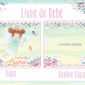 Arte digital de capa e contracapa de livro de bebê com fada, flores e borboletas.
