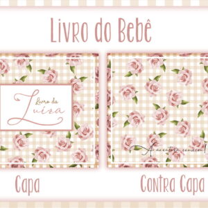 Arte digital de capa e contracapa de livro de bebê com padrão de rosas e xadrez.