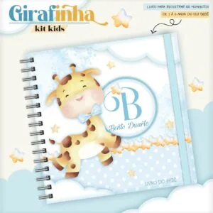 Capa de caderno infantil com ilustração de girafa em aquarela e fundo azul pontilhado.