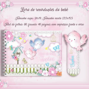 Arte digital de livro de recordações e marcador de página com tema de pássaros e flores.