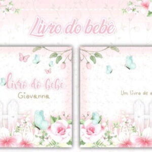 Capa e contracapa de um livro personalizado com tema floral e rosa em tons pastéis.