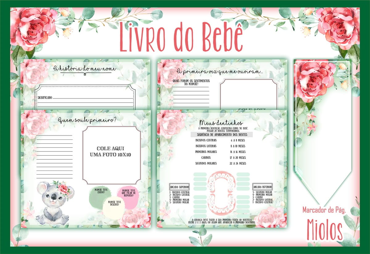 Livro do Bebê Menina Arquivo Digital Tema Koala 2 Arte digital de páginas de um livro do bebê floral com informações sobre o recém-nascido.