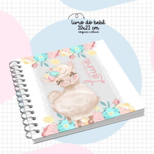 Design digital de capa de livro de bebê com lhama fofa e flores coloridas.