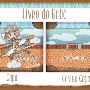 Arte digital de livro do bebê com tema de piloto, mostrando capa e contracapa.