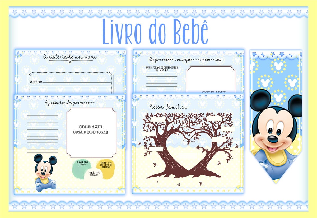 Livro do Bebê Mickey Baby arquivo digital para personalizar 2 Páginas de livro do bebê digital com tema azul e personagem infantil.