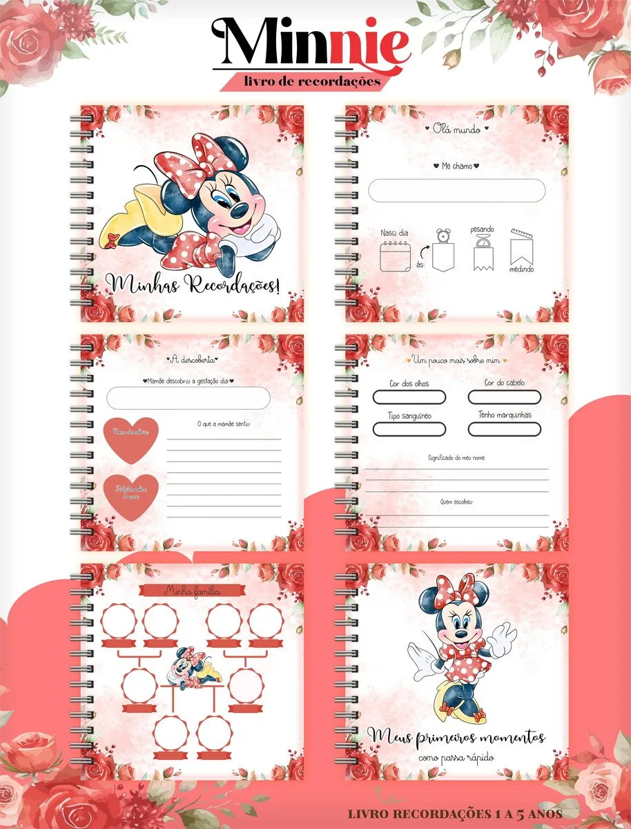 Paginas decoradas de um livro de recordacoes infantil com temas florais e personagem.