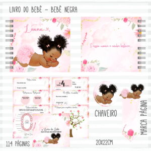 Arte digital de livro do bebê, chaveiro e marca-página com ilustração de bebê negra.