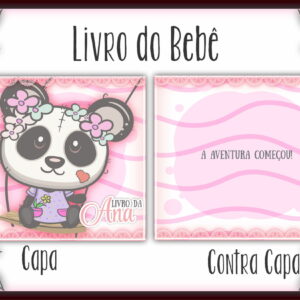 Arte digital de livro do bebê com capa e contracapa, panda e flores.