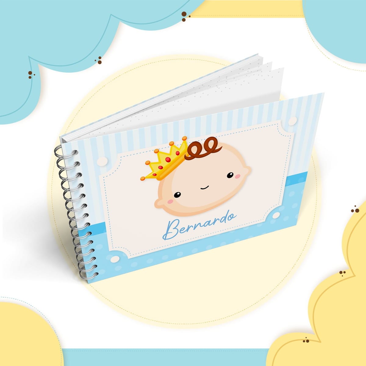 Livro do Bebê Príncipe Digital para imprimir e personalizar 2 Arte digital de livro espiralado azul com bebê coroado.