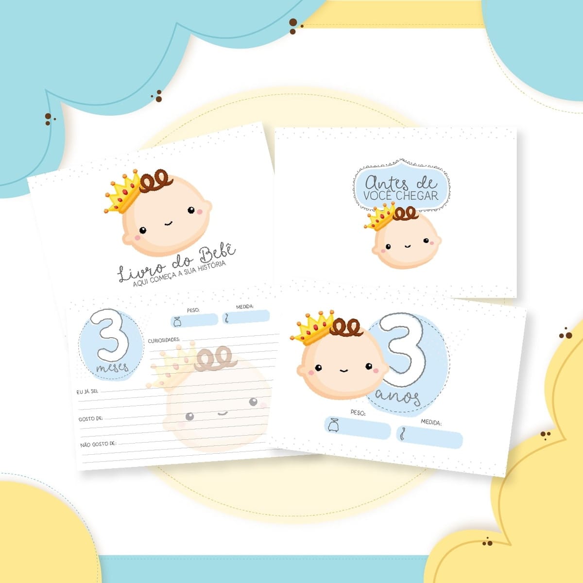 Livro do Bebê Príncipe Digital para imprimir e personalizar 3 Arte digital de páginas de livro do bebê com ilustrações e campos para preencher.