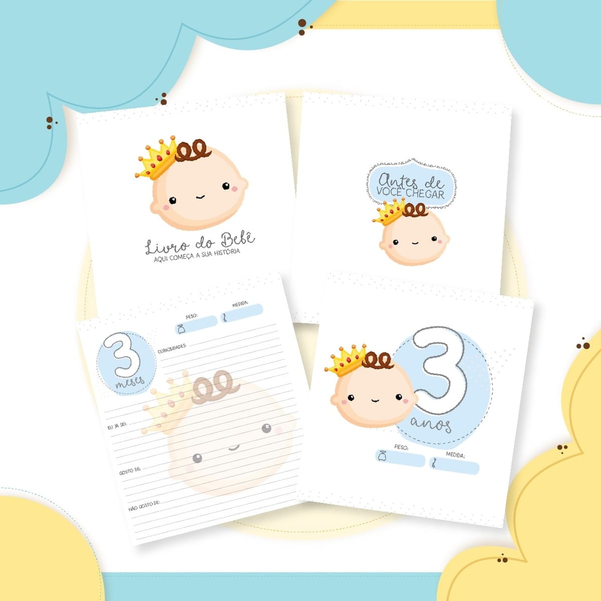 Livro do Bebê Príncipe Digital para imprimir e personalizar 4 Quatro modelos digitais para livro de memórias do bebê, com bebê coroado.