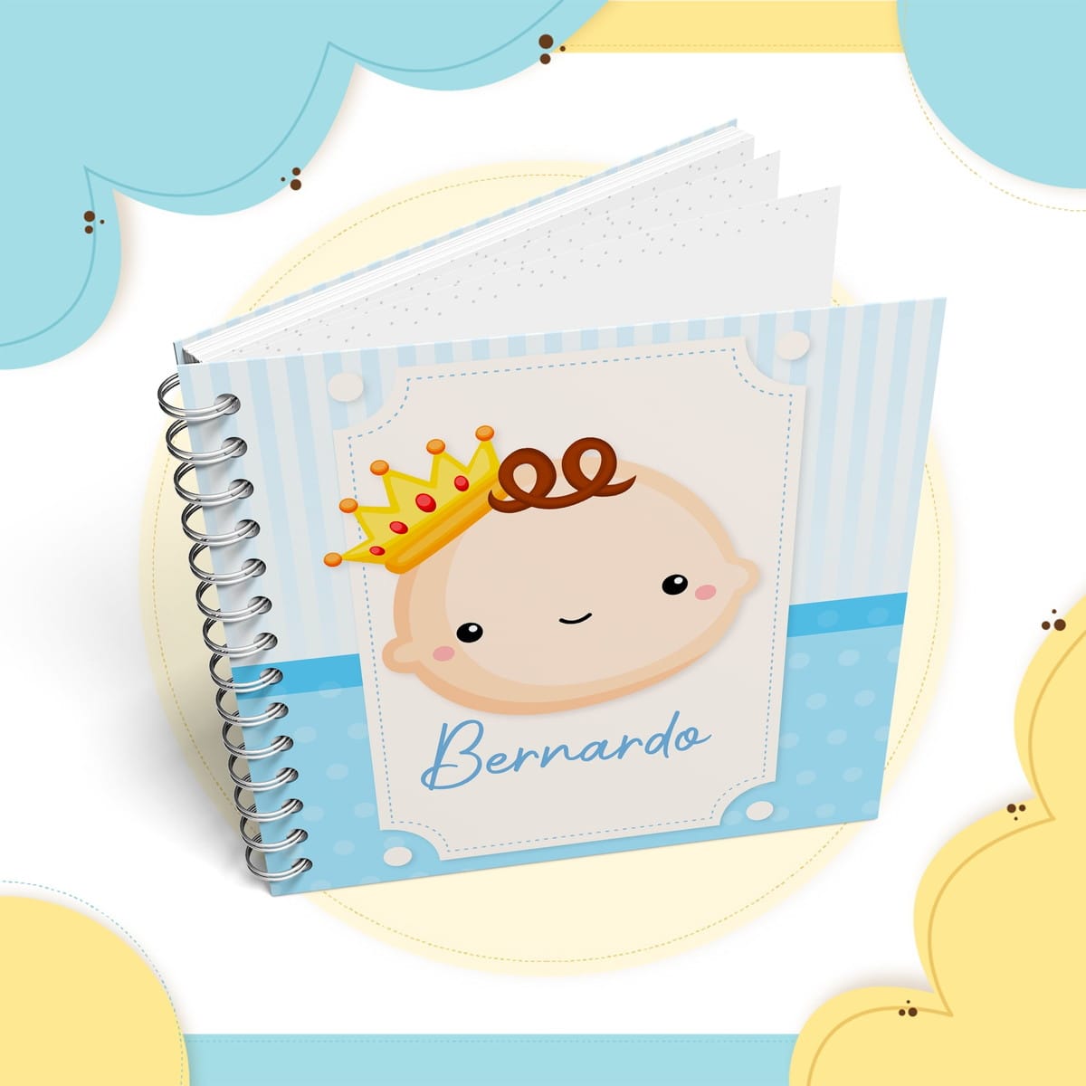 Livro do Bebê Príncipe Digital para imprimir e personalizar 1 Arte digital de álbum infantil azul com bebê príncipe e coroa.