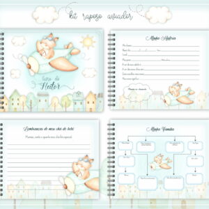 Kit digital de livro de memórias para bebê, tema raposo aviador, quatro páginas abertas.