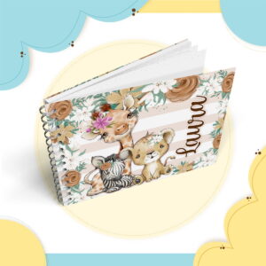 Arte digital de caderno espiral com girafa, leão, zebra e flores.