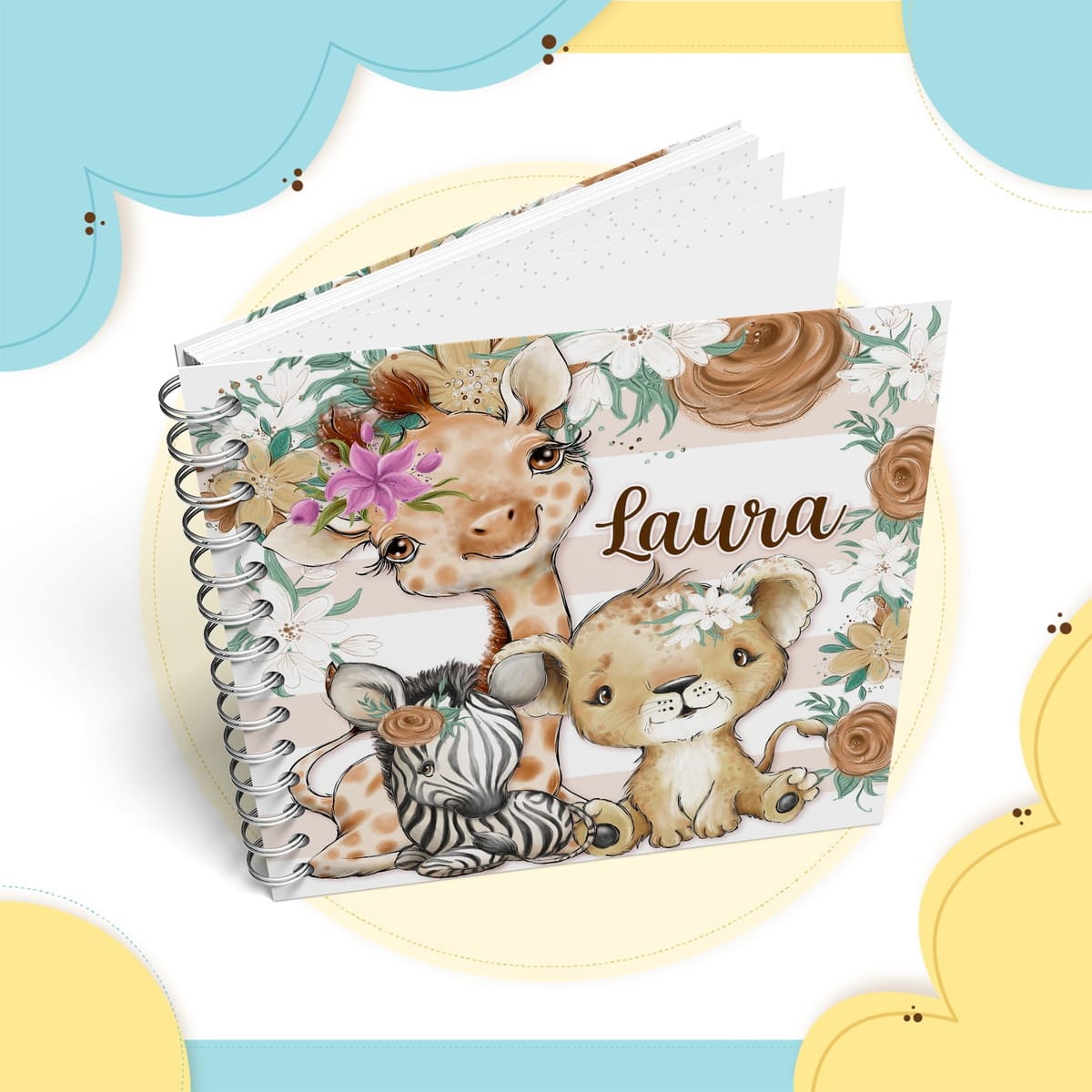 Livro do Bebê Safari Menina Cute Digital com 96 páginas 2 Arte digital com design de animais bebês fofos e flores.