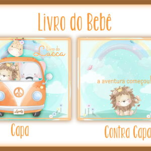 Arte digital de capa e contracapa de livro de bebê com animais fofos e arco-íris.