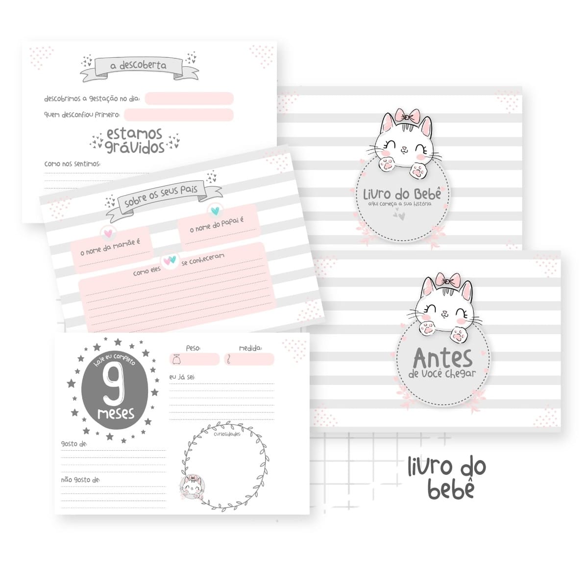 Livro do Bebê Tema Gatinha Kit Digital para Imprimir 2 Páginas digitais de um livro do bebê com ilustrações de gato e corações.