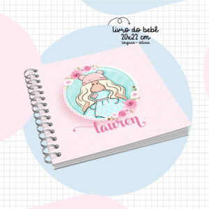 Livro do bebê digital com capa rosa, ilustração de menina e espiral. Dimensões 20x22 cm.
