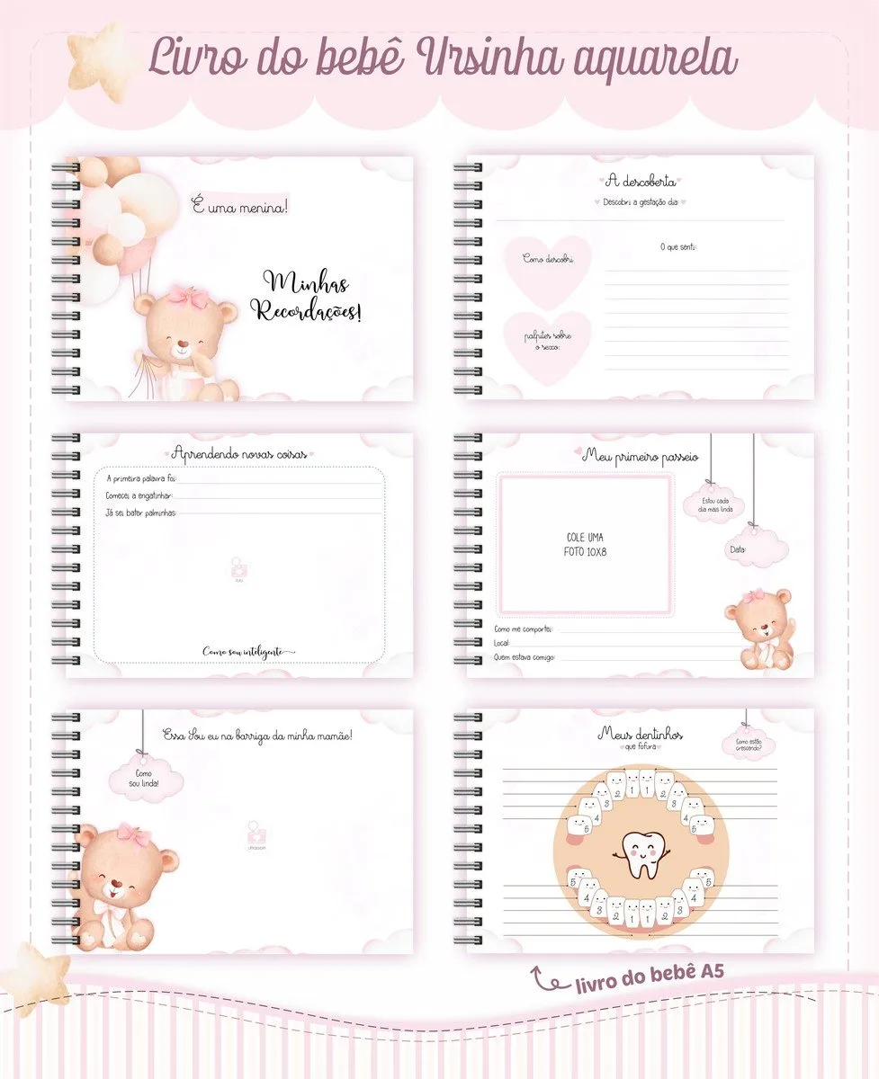Apresentação em grade de páginas de um livro de bebê personalizado com tema infantil.
