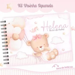 Caderno espiralado infantil rosa com ilustração de ursinha em estilo aquarela.