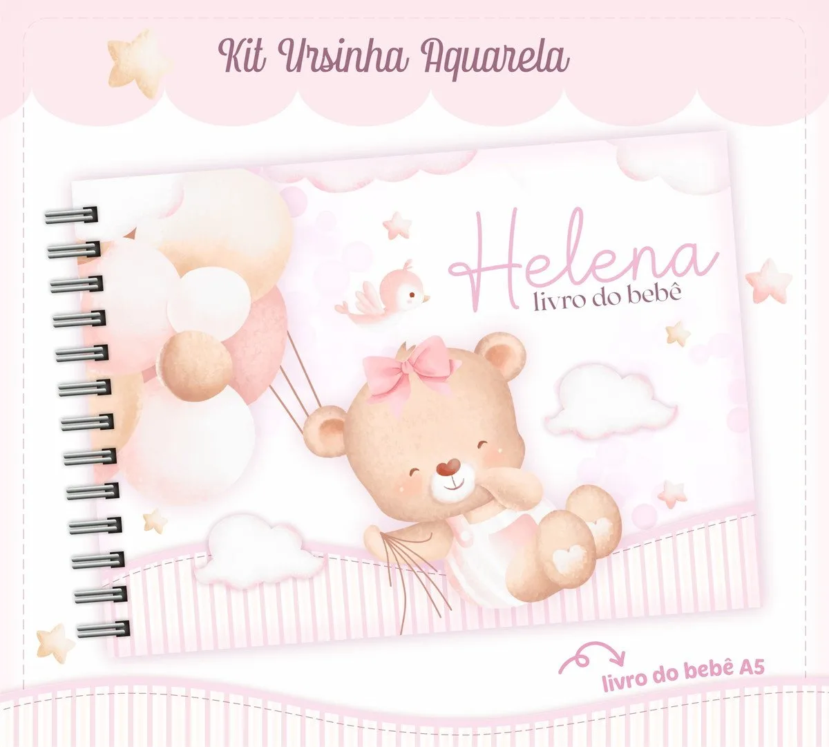 Caderno espiralado infantil rosa com ilustração de ursinha em estilo aquarela.