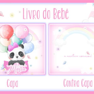 Duas artes digitais para livro do bebê, com panda, balões e arco-íris.