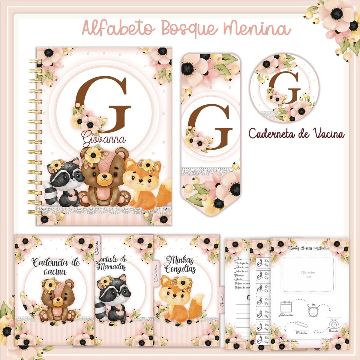 Kit Digital Bosque Menina para Livro do Bebê e Caderneta 2 Livro E Caderneta Alfabeto Bosque Menina Arquivo Digital 2