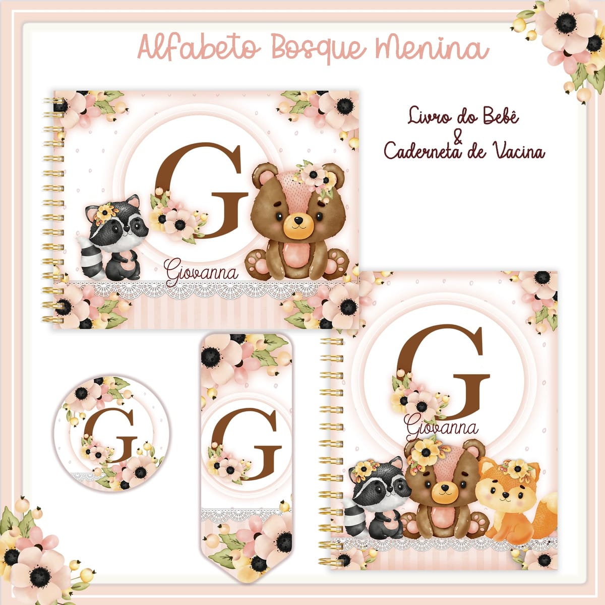 Kit Digital Bosque Menina para Livro do Bebê e Caderneta 1 Livro E Caderneta Alfabeto Bosque Menina Arquivo Digital