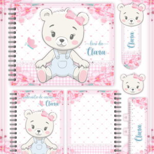 Kit digital de papelaria com ursinha, design rosa, branco e floral.