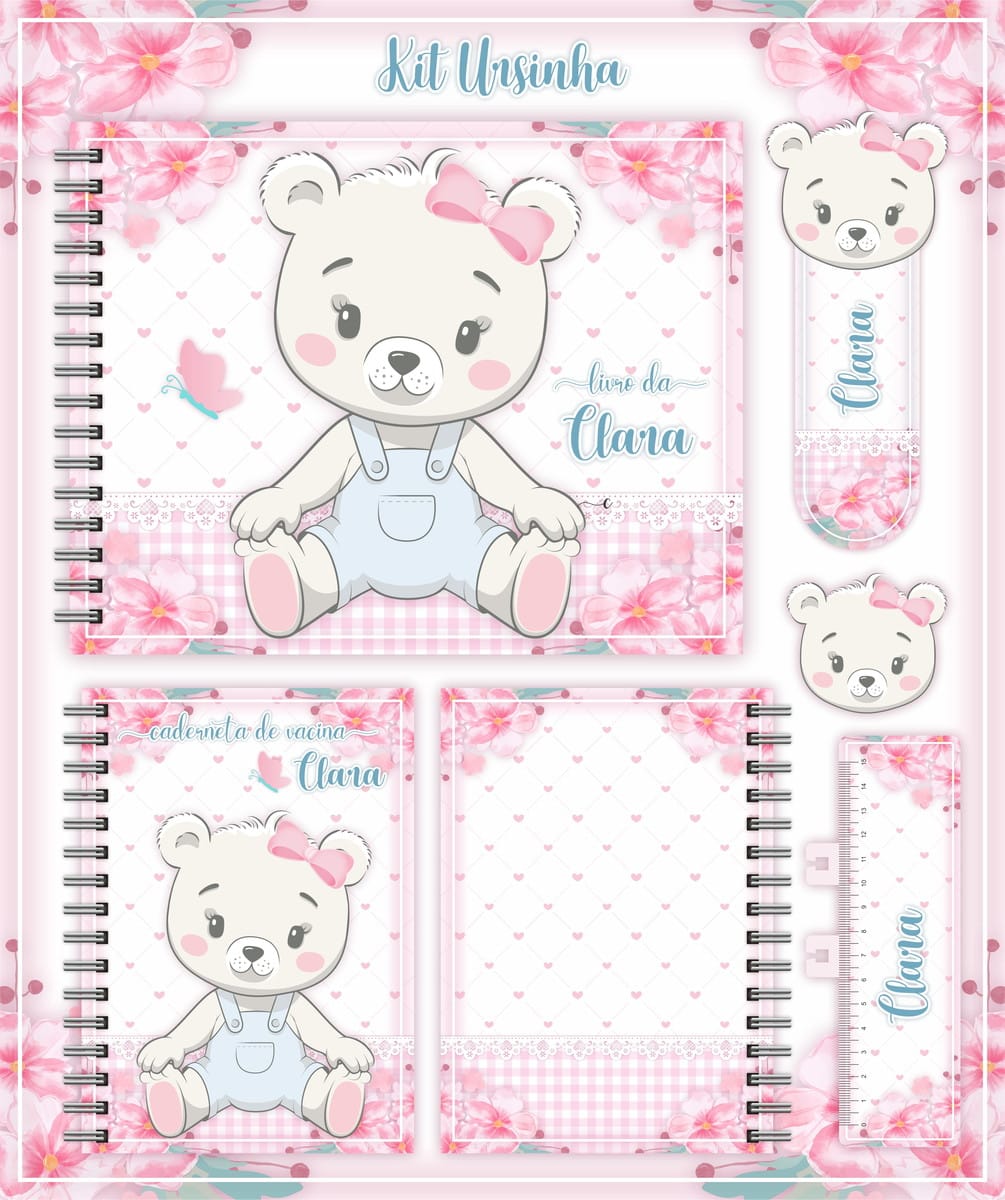 Kit Digital Livro e Caderneta Ursinha para Bebê 1 Kit digital de papelaria com ursinha, design rosa, branco e floral.