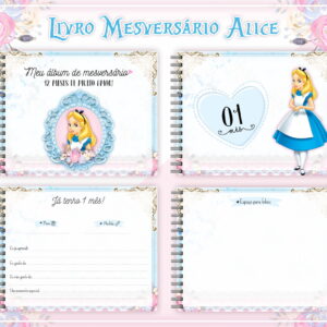 Álbum digital de mesversário com tema de conto de fadas, ilustrações e espaços para preencher.