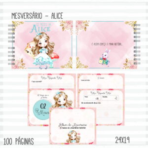 Kit Digital Livro Mesversario Alice Rosa para Encadernar 8 Arte digital de álbum de mesversário com tema de conto de fadas e páginas internas.