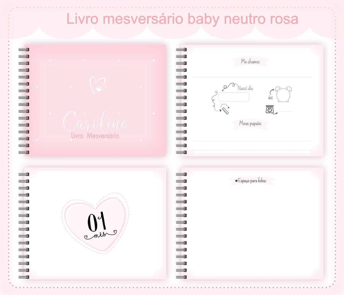 Livro Mesversário Digital Neutro Rosa para Imprimir 1 Livro Mesversário Digital Neutro Rosa para Imprimir
