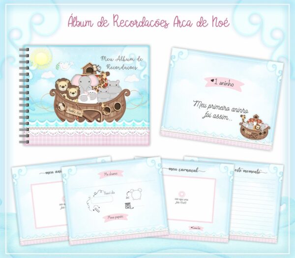 Livro Recordações Bebê Arca de Noé Menina - Arquivo Digital