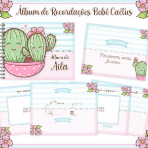 Arte digital de álbum de recordações com tema cactos bebês e flores cor-de-rosa.