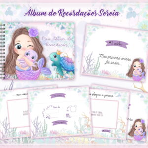 Arte digital de álbum de recordações sereia com páginas ilustradas para bebês.