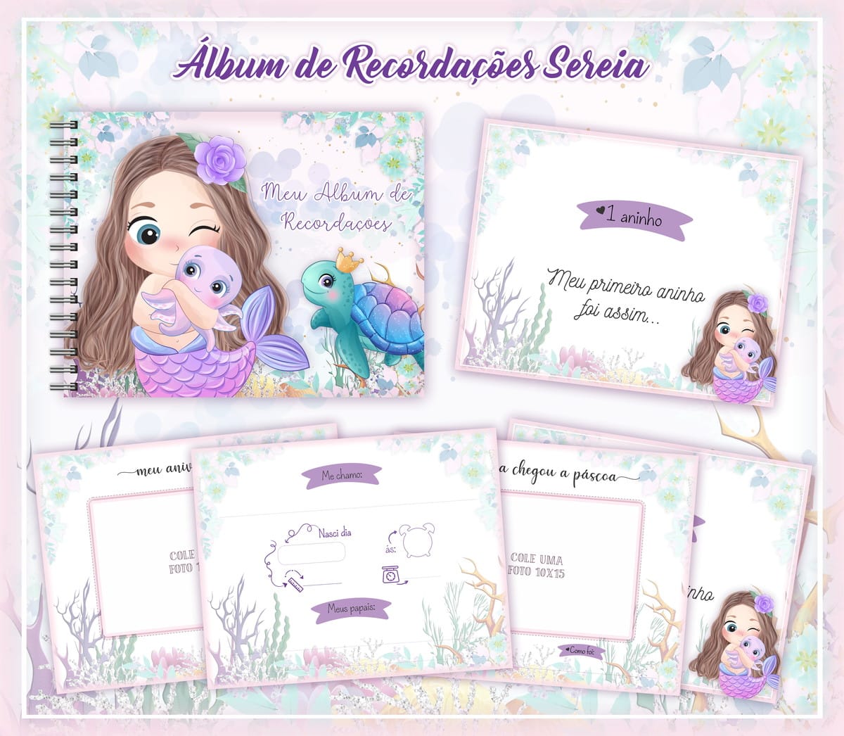 Livro de Recordações Bebê Sereia em PDF para Imprimir 1 Arte digital de álbum de recordações sereia com páginas ilustradas para bebês.