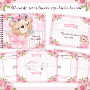 Arte digital de álbum de recordações com ursinha bailarina, laços e rosas cor-de-rosa.