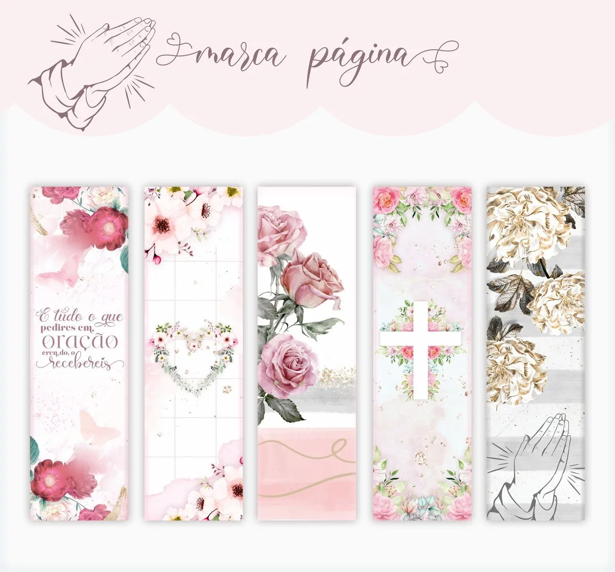 Cinco marcadores de página com estampas florais e elementos religiosos em tons pastéis.