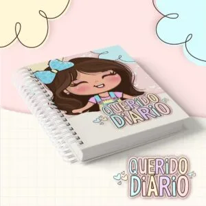 Caderno espiral com ilustração de menina e texto escrito querido diário