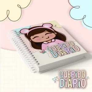 Caderno espiral com ilustração de menina e texto escrito querido diário em destaque.