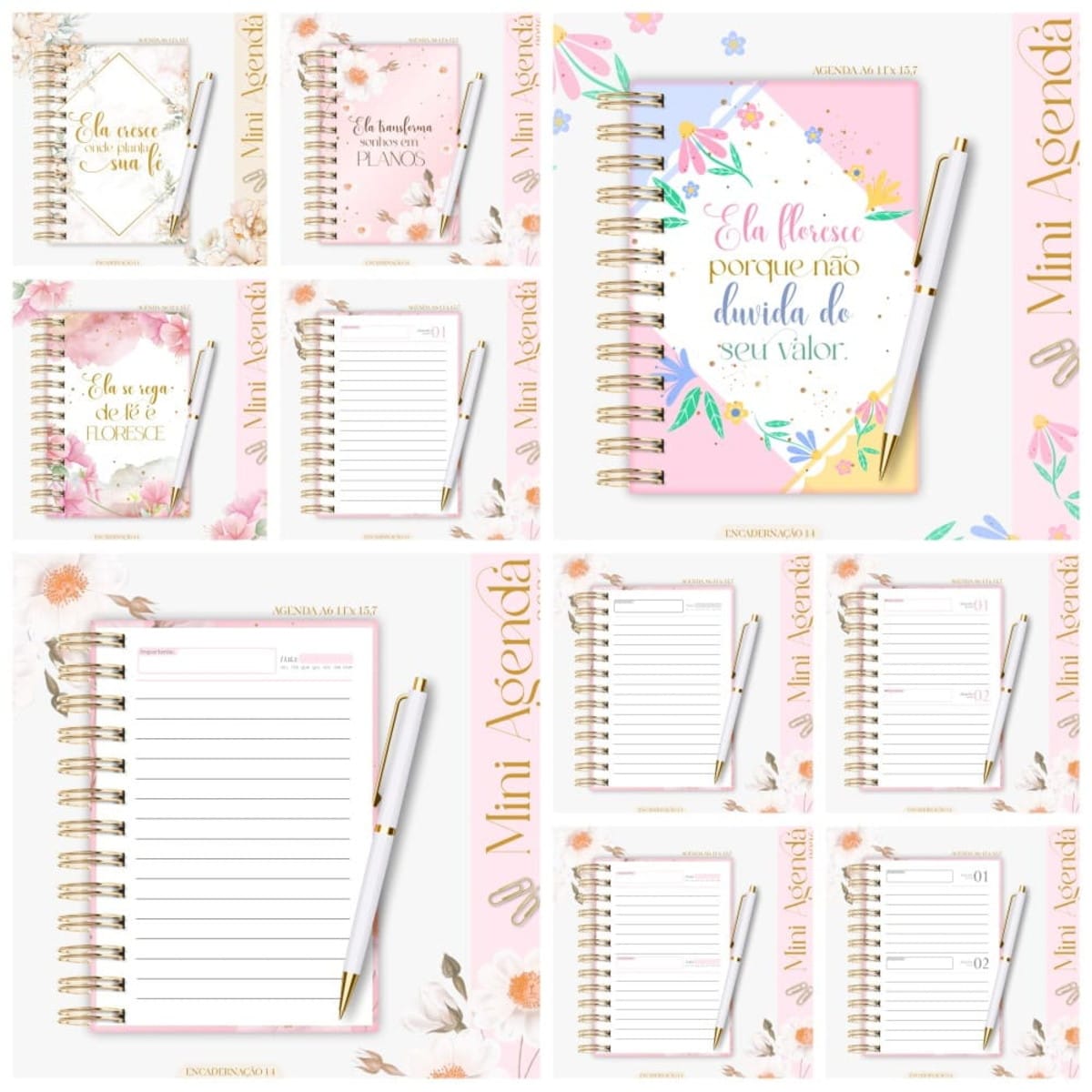 Mini Agenda A6 2026 Floral Kit Digital para Encadernar 1 Apresentação visual de capas e páginas internas de agendas com encadernação em espiral