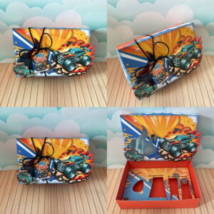 Kit Digital Mini Confeiteiro Hot Wheels com Studio e PDF 15 Caixa de Páscoa com arte de carros de corrida e tag 'Feliz Páscoa'.