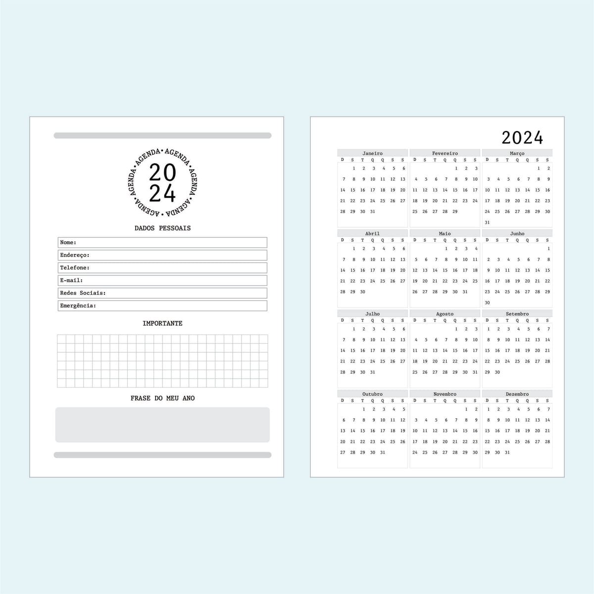 Miolo de Agenda Cinza 2024 em PDF para Imprimir 2 Página aberta de uma agenda digital exibindo dados pessoais e calendário anual do ano de 2024.