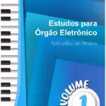 Capa azul com teclado de piano à esquerda e texto sobre estudos musicais.